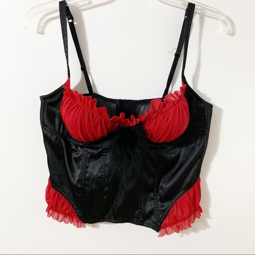 Delicates Polyester and Mesh Busiter Corset with Feather and Mesh Detailing 🟥⬛️